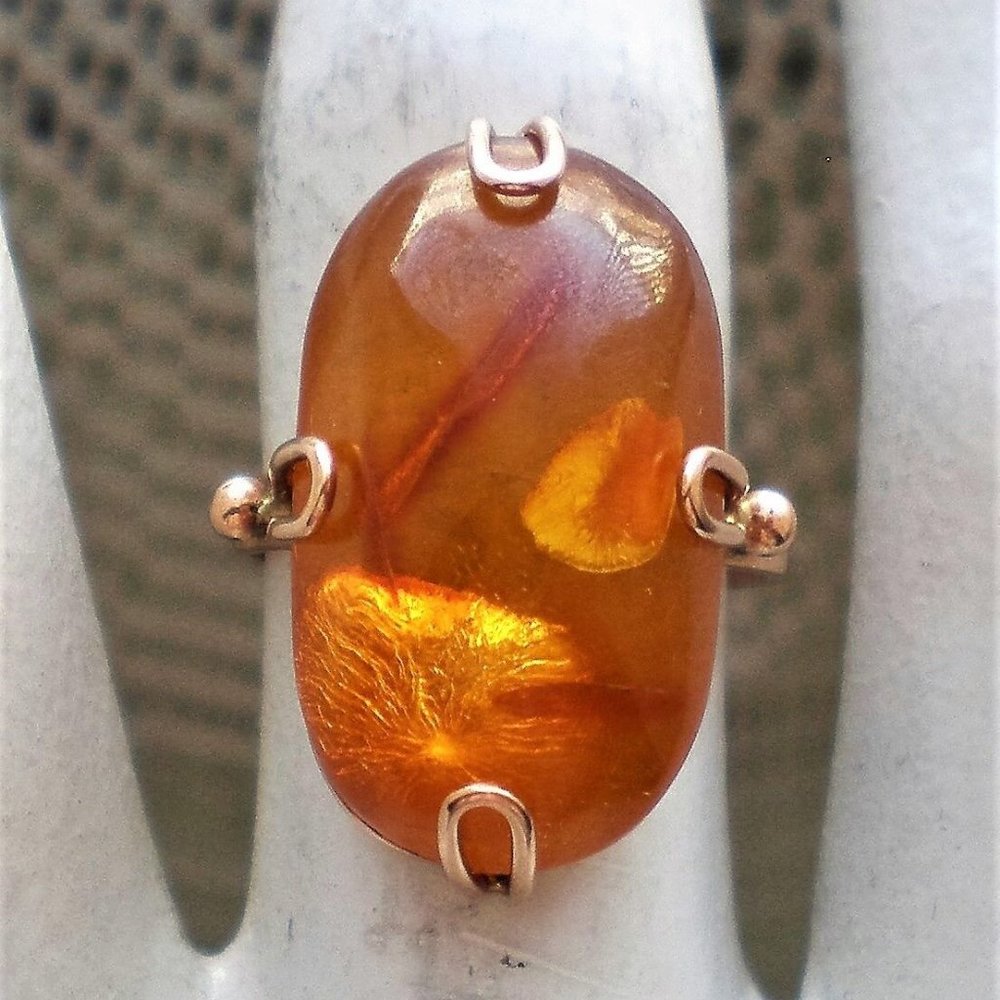 Vintage Russian Russia 14K 583 Rose Pink Gold Honey Baltic Amber Cocktail RING